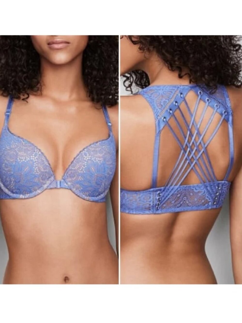 32DD Victoria Secret VERY SEXY STRAPPY BACK FRONT CLOSE PUSH UP BRA BLUE LACE